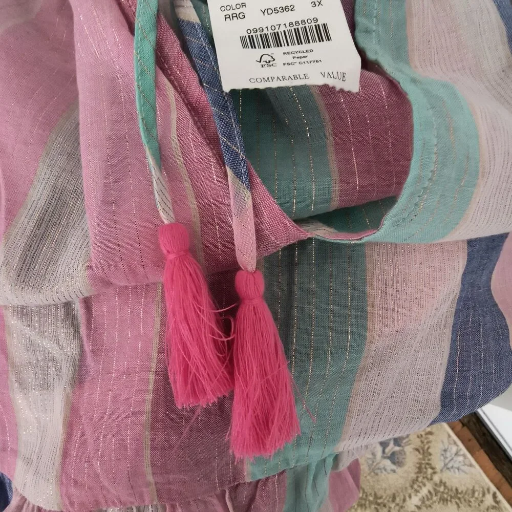 J.Crew Dress NEW 3X Pink Multi Ruffle Shimmer Beach Tiered Metallic Swim Coverup